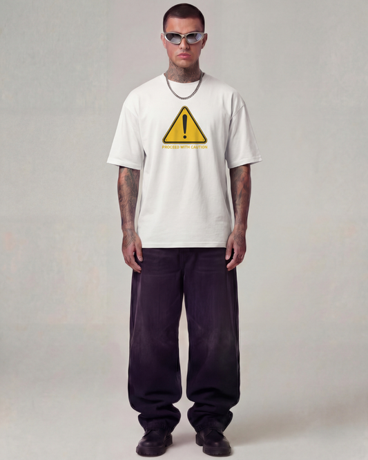 Proceed with Caution Oversized Offwhite Unisex T-shirt
