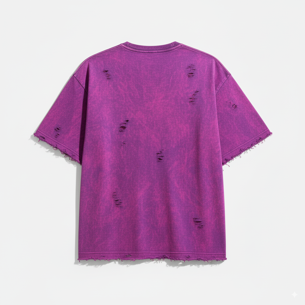 PURPLE ACID WASH SHREDDED OVERSIZED UNISEX T-SHIRT
