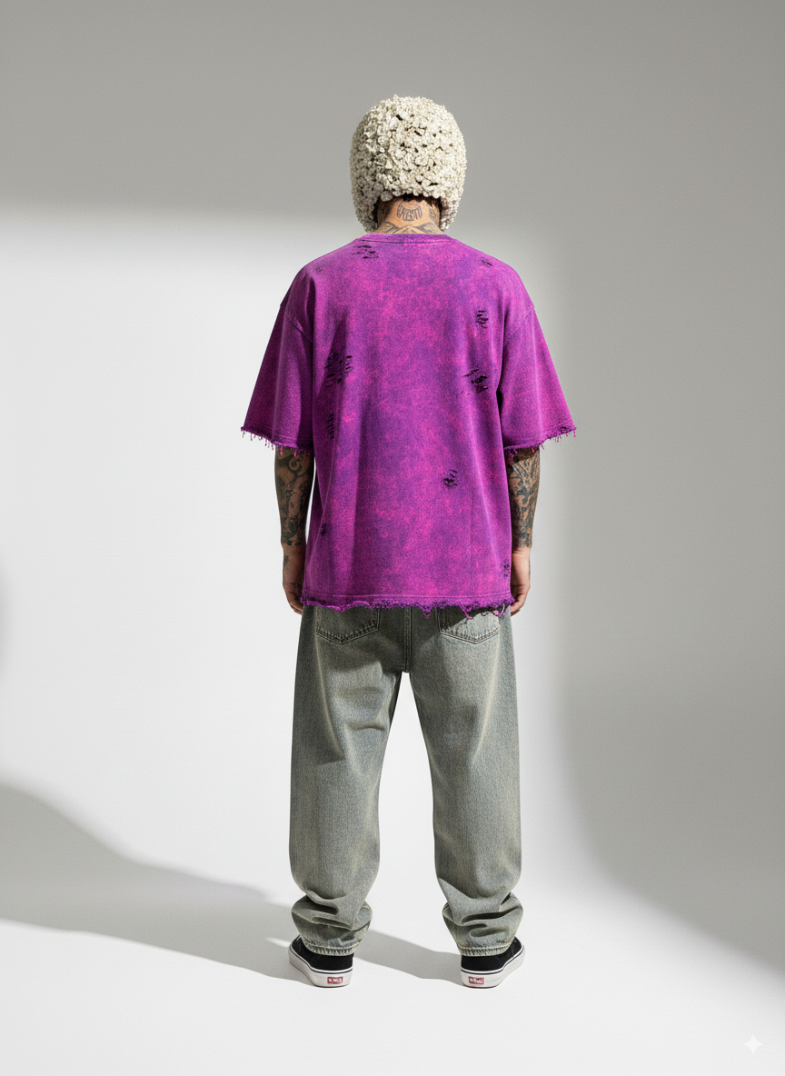 PURPLE ACID WASH SHREDDED OVERSIZED UNISEX T-SHIRT