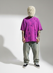 PURPLE ACID WASH SHREDDED OVERSIZED UNISEX T-SHIRT